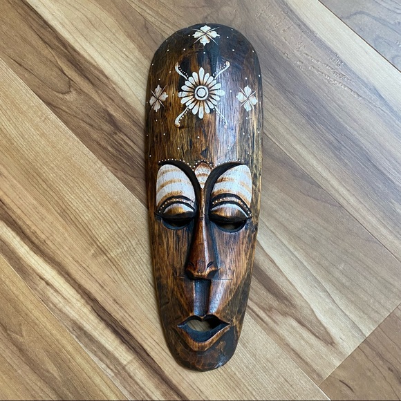 Vintage Solid Hand Carved Wood African Face Mask Wall Decor Art